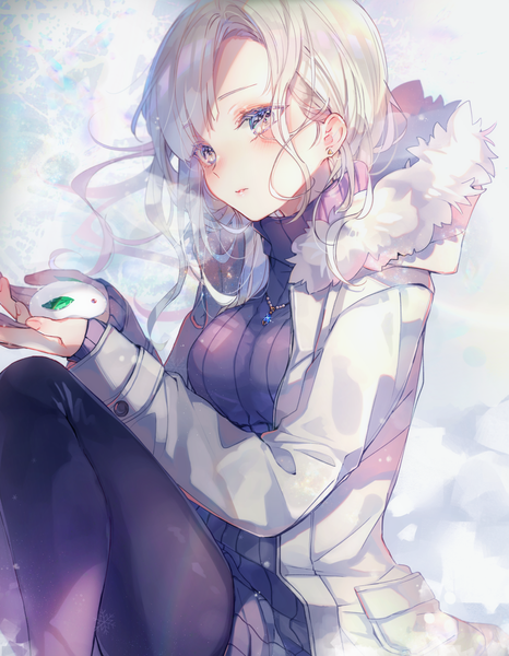 Anime picture 1167x1500 with original recotasan single long hair tall image blush fringe breasts sitting holding looking away silver hair bent knee (knees) long sleeves parted lips open clothes fur trim exhalation silver eyes girl