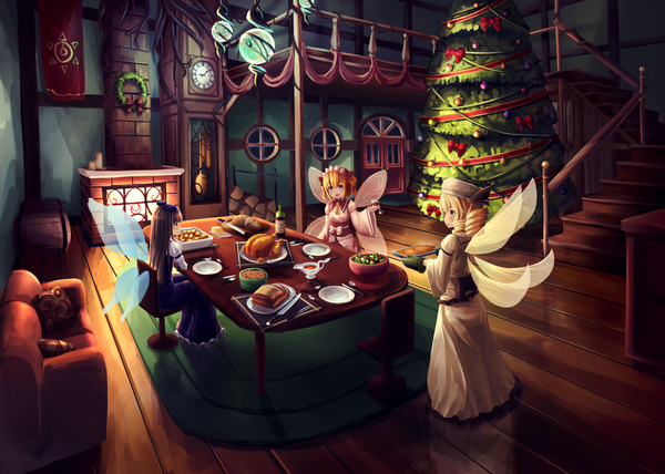 Anime picture 2730x1950 with touhou star sapphire luna child sunny milk natori youkai long hair blush fringe highres short hair open mouth blue eyes black hair blonde hair smile red eyes sitting multiple girls indoors long sleeves