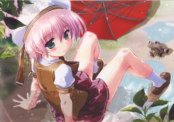 Anime picture 2018x1413 with magi-cu komatsu eiji single looking at viewer blush highres short hair sitting green eyes pink hair girl uniform plant (plants) school uniform socks umbrella white socks beret frog puddle