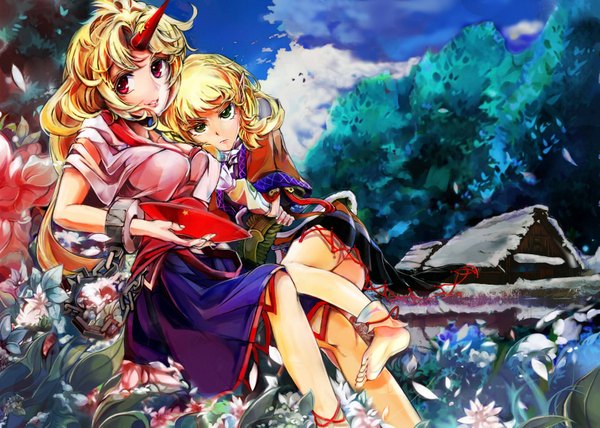 Anime picture 1653x1181 with touhou mizuhashi parsee hoshiguma yuugi poyan noken long hair looking at viewer short hair blonde hair smile red eyes multiple girls green eyes barefoot horn (horns) girl dress flower (flowers) 2 girls plant (plants) tree (trees)