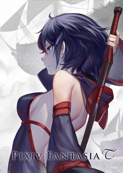 Anime picture 663x937 with original pixiv fantasia pixiv fantasia t raijuu (bakanara) tall image fringe short hair breasts blue eyes black hair standing profile bare back arched back girl weapon detached sleeves clothes watercraft ship
