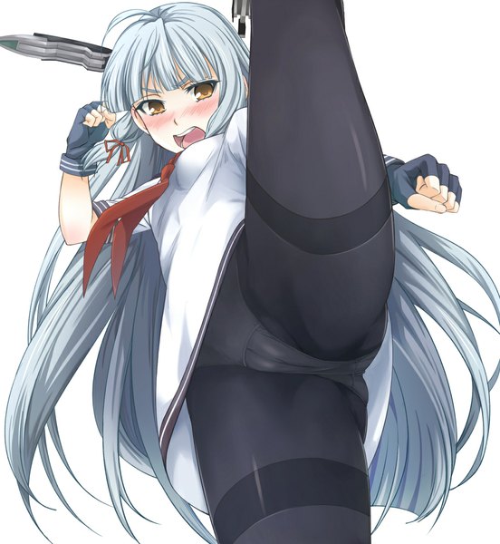 Anime picture 1000x1087 with kantai collection murakumo destroyer ipuu (el-ane koubou) single long hair tall image looking at viewer blush open mouth light erotic simple background white background brown eyes white hair from below cameltoe leg lift (legs lift) tress ribbon screaming attack