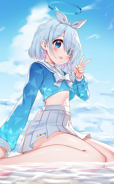 Anime picture 1010x1631 with blue archive arona (blue archive) picter single tall image fringe short hair open mouth blue eyes hair between eyes sitting blue hair sky cloud (clouds) braid (braids) pleated skirt multicolored hair bare legs partially submerged wariza