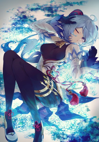 Anime picture 1277x1828 with genshin impact ganyu (genshin impact) pistachiocream single long hair tall image looking at viewer purple eyes blue hair full body ahoge lying one eye closed horn (horns) on back bell collar girl gloves detached sleeves black gloves
