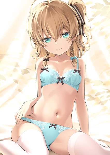 Anime picture 2508x3541 with original kome to pan single tall image looking at viewer fringe highres short hair light erotic blonde hair hair between eyes sitting ahoge braid (braids) aqua eyes twin braids one side up wariza panty pull lace-trimmed bra