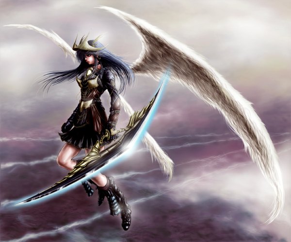 Anime picture 1100x914 with original blush response (artist) single long hair black hair black eyes girl weapon wings armor