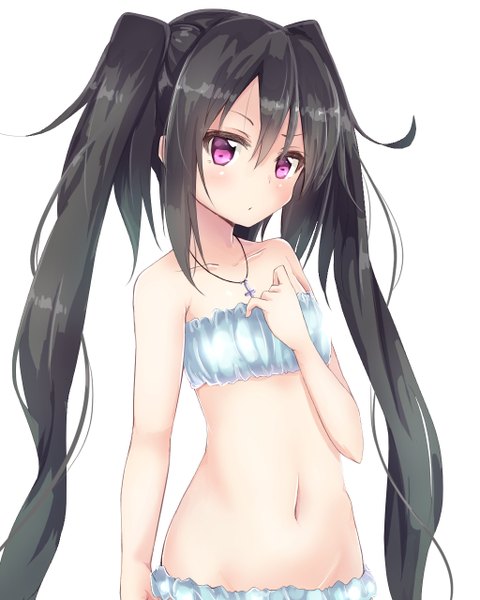 Anime picture 1024x1280 with original note-chan amano kouki single long hair tall image looking at viewer blush light erotic black hair simple background hair between eyes white background twintails purple eyes underwear only girl navel underwear pendant