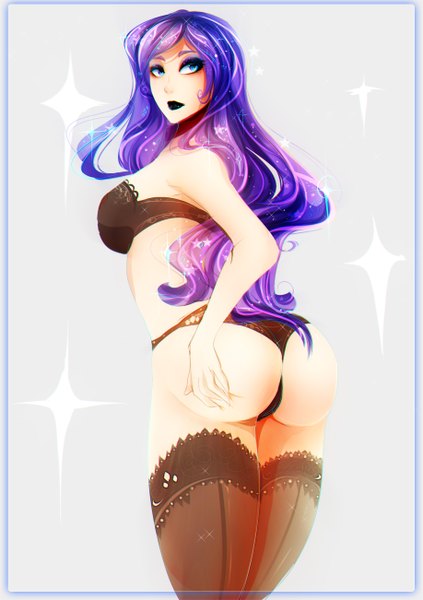 Anime picture 1836x2604 with my little pony rarity koveliana single long hair tall image highres blue eyes light erotic simple background standing blue hair looking away pink hair purple hair ass looking back multicolored hair lips from behind