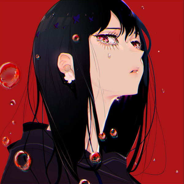 Anime picture 3000x3000 with original nanase miri single long hair looking at viewer fringe highres black hair simple background hair between eyes red eyes payot upper body parted lips lips tears face red background crying girl