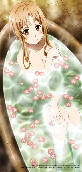 Anime picture 1382x2887 with sword art online a-1 pictures yuuki asuna single long hair tall image blush light erotic smile brown hair brown eyes scan official art steam girl flower (flowers) bath