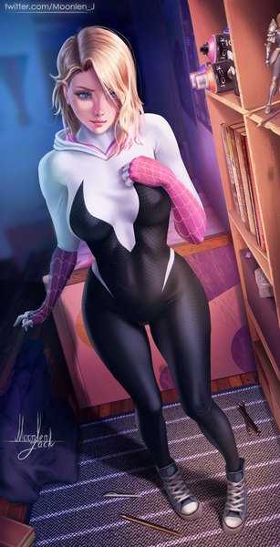 Anime picture 1790x3500 with marvel comics spider-man (series) spider-man: into the spider-verse gwen stacy spider-gwen moonlen-jack single tall image looking at viewer fringe highres short hair blue eyes blonde hair standing signed full body indoors arm up from above
