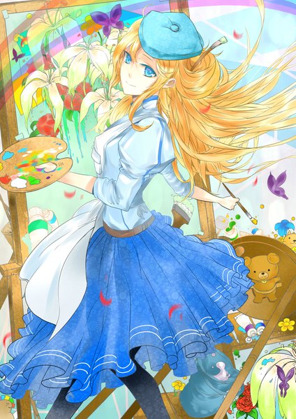 Anime picture 2893x4092 with original gu-ko citemer single long hair tall image looking at viewer highres blue eyes blonde hair smile wind back painting colorful girl flower (flowers) hat pantyhose insect butterfly
