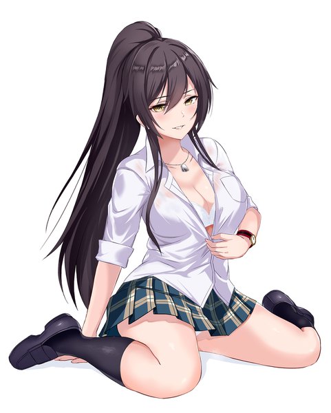 Anime picture 1280x1594 with idolmaster idolmaster shiny colors shirase sakuya jirusu single long hair tall image looking at viewer blush fringe breasts light erotic black hair simple background smile hair between eyes white background cleavage ponytail parted lips