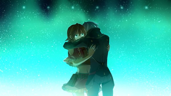 Anime picture 1600x900 with suisei no gargantia production i.g amy (suisei no gargantia) ledo (suisei no gargantia) aki (neyuki41028) short hair blue eyes brown hair wide image white hair couple hug girl boy navel bodysuit