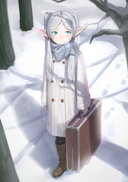 Anime-Bild 4134x5847 mit sousou no frieren frieren mohe er~ single long hair tall image highres twintails looking away absurdres silver hair full body aqua eyes from above pointy ears winter snow elf girl plant (plants)