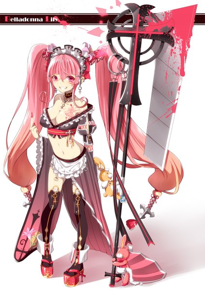 Anime picture 1000x1414 with original hattori (junoct2000) single tall image looking at viewer simple background smile white background twintails pink hair cleavage very long hair pink eyes facial mark girl thighhighs dress navel hair ornament weapon
