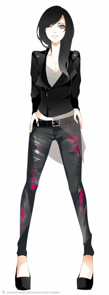 Anime picture 400x1078 with akaiyuue single long hair tall image looking at viewer blush black hair simple background smile white background cleavage one eye closed barefoot wink black eyes hands on hips girl shoes belt vest