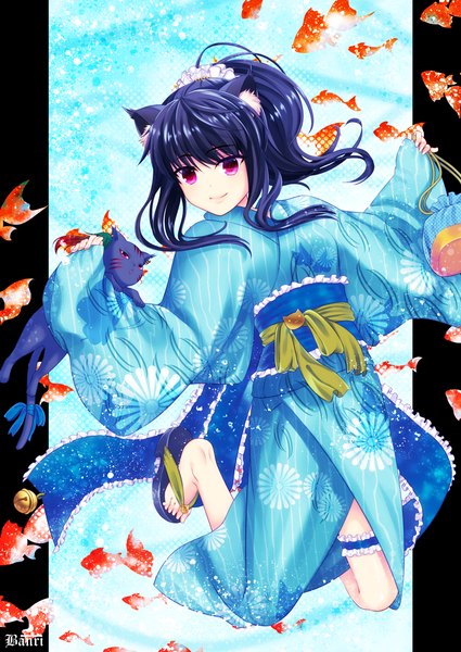 Anime picture 850x1200 with original banri single long hair tall image black hair smile red eyes animal ears ponytail traditional clothes japanese clothes cat ears cat girl girl animal kimono obi cat fish (fishes)