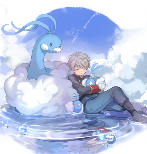 Anime picture 2362x2480 with pokemon aldnoah.zero a-1 pictures nintendo slaine troyard altaria swablu toyo (s9654431) single tall image blush fringe highres short hair blonde hair sitting holding sky cloud (clouds) full body