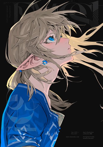 Anime picture 1200x1711 with the legend of zelda the legend of zelda: breath of the wild nintendo link kaninnvven single long hair tall image blush fringe blue eyes simple background blonde hair hair between eyes upper body parted lips profile pointy ears character names floating hair
