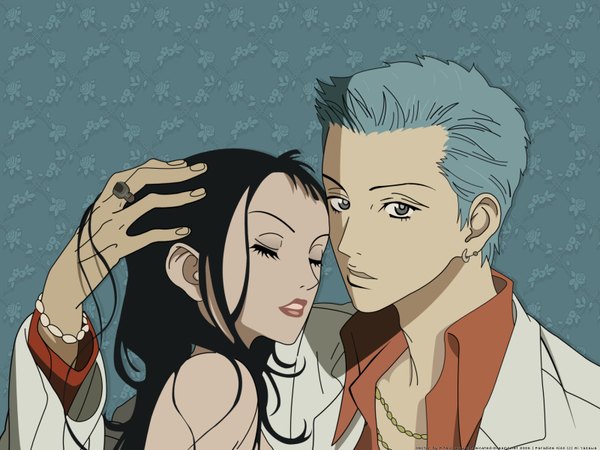 Anime picture 1600x1200 with paradise kiss madhouse yukari hayasaka george koizumi yazawa ai ritalin long hair looking at viewer short hair black hair green eyes signed blue hair eyes closed lipstick vector third-party edit girl boy earrings