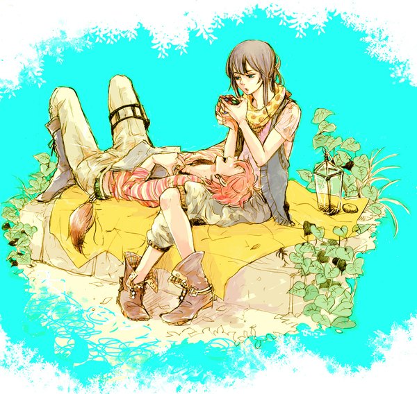 Anime picture 1000x947 with d.gray-man kanda yuu lavi seikoovo long hair fringe short hair open mouth simple background smile brown hair sitting green eyes lying eyes closed orange hair multiple boys couple crossed legs striped