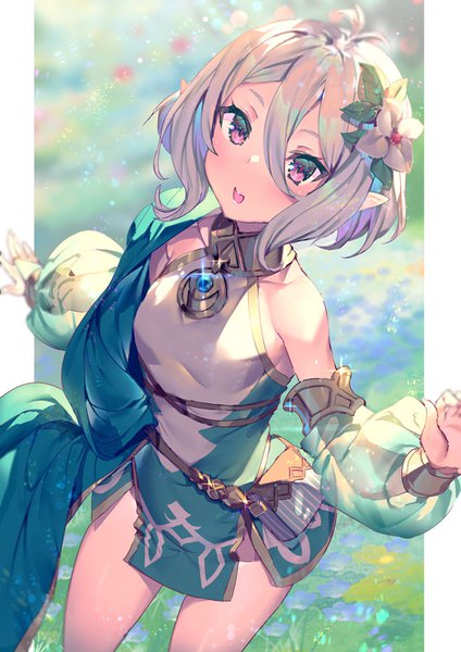 Anime picture 566x800 with princess connect! re:dive princess connect! kokkoro (princess connect!) yoshimoto (dear life) single tall image fringe short hair open mouth hair between eyes purple eyes silver hair hair flower from above pointy ears sparkle looking up outside border pillarboxed girl
