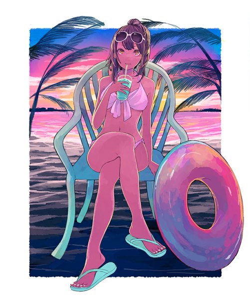 Anime picture 900x1078 with original nanakawa (nanasoon) single long hair tall image looking at viewer brown hair sitting brown eyes sky ponytail legs crossed legs evening sunset sunglasses on head drinking girl swimsuit plant (plants)