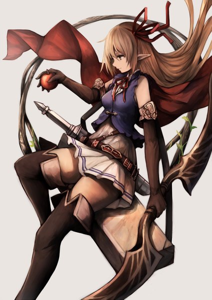 Anime picture 900x1273 with shadowverse arisa (shadowverse) snm (sunimi) single long hair tall image blonde hair simple background green eyes looking away profile pointy ears grey background zettai ryouiki floating hair sheathed girl gloves ribbon (ribbons) weapon