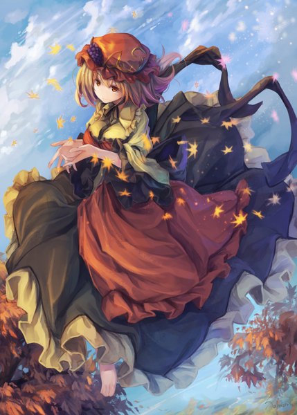 Anime picture 1200x1679 with touhou aki minoriko fal maro single tall image looking at viewer short hair brown eyes signed sky cloud (clouds) barefoot orange hair autumn girl dress plant (plants) tree (trees) food leaf (leaves)