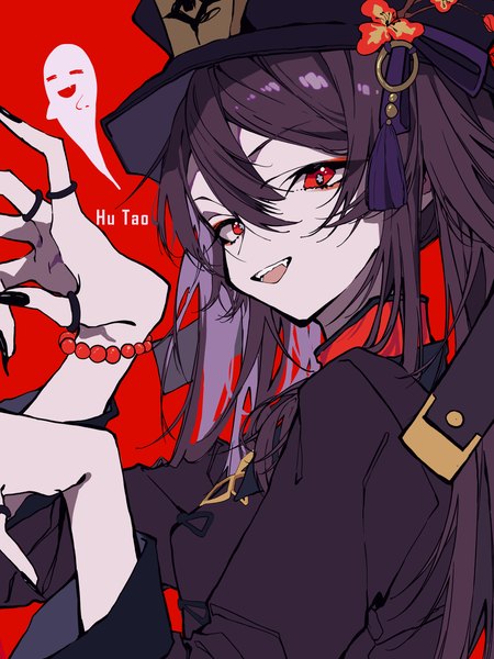 Anime-Bild 3000x4000 mit genshin impact hu tao (genshin impact) pinaple poo single long hair tall image looking at viewer fringe highres open mouth black hair simple background hair between eyes red eyes twintails nail polish :d character names red background black nail polish
