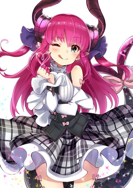 Anime picture 1300x1839 with fate (series) fate/extra fate/extra ccc elizabeth bathory (fate) (all) elizabeth bathory (fate) pilokey single long hair tall image looking at viewer blush fringe blue eyes simple background smile white background twintails bare shoulders pink hair one eye closed