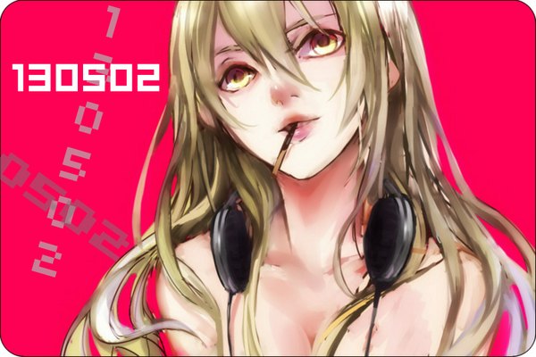 Anime picture 800x534 with original sha (pixiv 652445) single long hair fringe blonde hair bare shoulders holding yellow eyes lips mouth hold looking up close-up headphones around neck girl food sweets headphones pocky