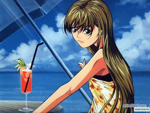 Anime picture 1024x768 with tenshi na konamaiki amatsuka megumi single long hair looking at viewer brown hair cloud (clouds) horizon girl sea drink drinking straw cocktail glass cocktail