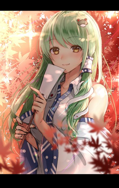 Anime picture 1006x1587 with touhou kochiya sanae tsukiriran single long hair tall image looking at viewer blush bare shoulders yellow eyes upper body green hair light smile sunlight letterboxed girl detached sleeves animal leaf (leaves) hair tubes