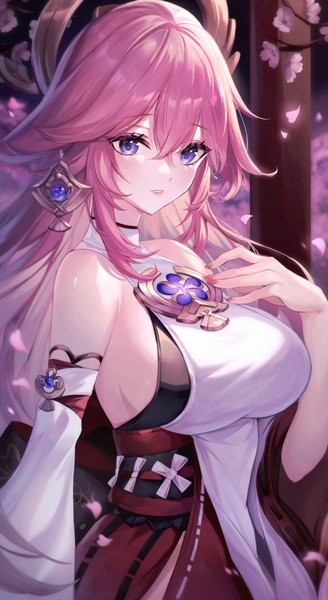 Anime picture 1113x2034 with genshin impact yae miko doco (doco3811) single long hair tall image looking at viewer blush fringe breasts hair between eyes large breasts standing purple eyes bare shoulders animal ears pink hair nail polish traditional clothes parted lips