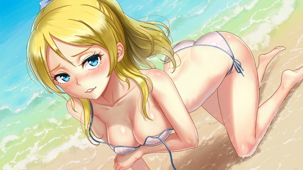 Anime picture 1920x1080 with love live! school idol project sunrise (studio) love live! ayase eli kohaku (ambermoe) single long hair looking at viewer highres breasts open mouth blue eyes light erotic blonde hair wide image bare shoulders ponytail barefoot bare belly beach