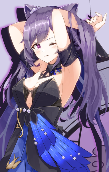 Anime picture 854x1341 with genshin impact keqing (genshin impact) keqing (opulent splendor) (genshin impact) ekusera single long hair tall image looking at viewer blush fringe breasts light erotic simple background large breasts standing purple eyes twintails bare shoulders payot purple hair