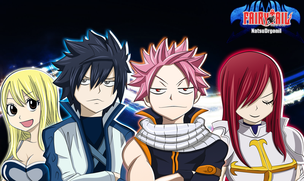 Anime picture 1622x972 with fairy tail lucy heartfilia erza scarlet natsu dragneel gray fullbuster natsudrgonil long hair fringe short hair open mouth black hair blonde hair smile red eyes wide image multiple girls brown eyes pink hair red hair eyes closed