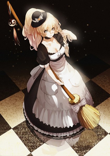 Anime picture 989x1404 with lia-sama long hair tall image looking at viewer blue eyes blonde hair smile standing ponytail braid (braids) from above single braid checkered floor witch checkered dust yin yang girl bow hair bow