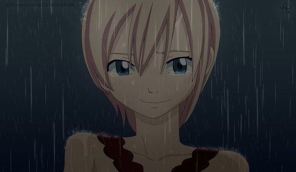 Anime picture 1440x839 with fairy tail lisanna strauss hyugasosby single blush short hair blue eyes smile wide image white hair night tears coloring rain girl