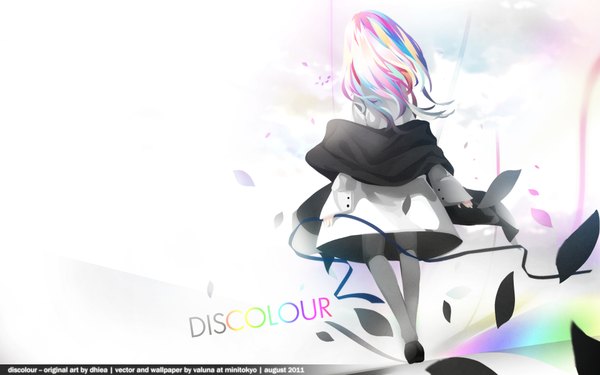 Anime picture 1920x1200 with pause joshua dhiea single long hair highres wide image signed multicolored hair from behind inscription back vector girl dress ribbon (ribbons) petals pantyhose