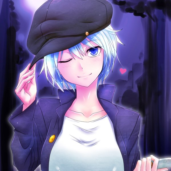 Anime picture 1500x1500 with rip-off (manga) watarui single looking at viewer blush short hair blue eyes blue hair one eye closed light smile wink open clothes open jacket girl uniform school uniform jacket t-shirt flat cap