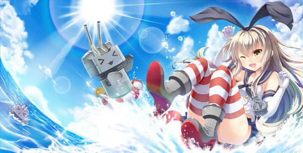 Anime picture 1116x565 with kantai collection shimakaze destroyer rensouhou-chan noe noel long hair blush open mouth blonde hair wide image yellow eyes sky cloud (clouds) full body one eye closed wink lens flare girl gloves bow weapon