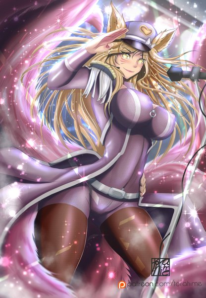 Anime picture 1024x1475 with league of legends ahri (league of legends) popstar ahri (league of legends) torahime (roland00) single long hair tall image looking at viewer breasts light erotic blonde hair smile large breasts animal ears yellow eyes tail animal tail fox ears facial mark fox tail