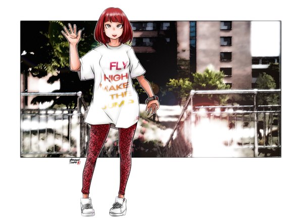 Anime picture 1328x956 with original caooll (co-ohol) single short hair smile red hair grey eyes girl shoes t-shirt clock clothes pocket watch