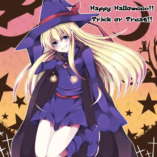 Anime picture 1944x1944 with puyopuyo witch (puyopuyo) yamikage gumi single long hair highres blue eyes blonde hair smile halloween witch happy halloween trick or treat girl star (symbol) witch hat