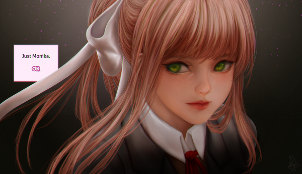 Anime picture 1750x1013 with doki doki literature club monika (doki doki literature club) alqmia single long hair fringe highres simple background brown hair wide image green eyes looking away upper body ponytail blunt bangs realistic character names lipstick black background red lipstick