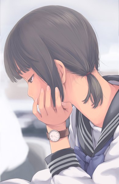 Anime picture 2079x3200 with original kamo (gafas) single tall image fringe highres short hair black hair twintails looking away upper body blunt bangs profile black eyes blurry grey background low twintails chin rest girl uniform