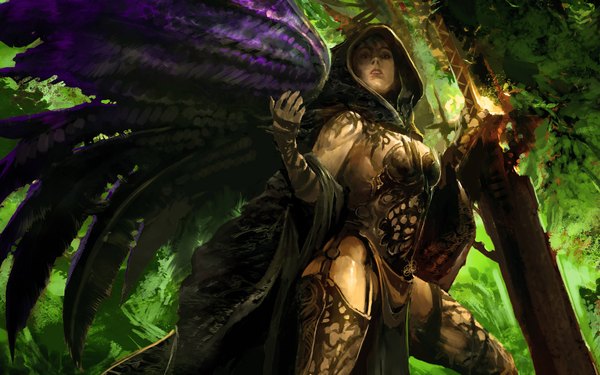 Anime picture 1920x1200 with guild wars 2 kekai kotaki single looking at viewer highres breasts light erotic standing parted lips from below outstretched arm girl weapon sword wings tree (trees) armor hood forest huge weapon